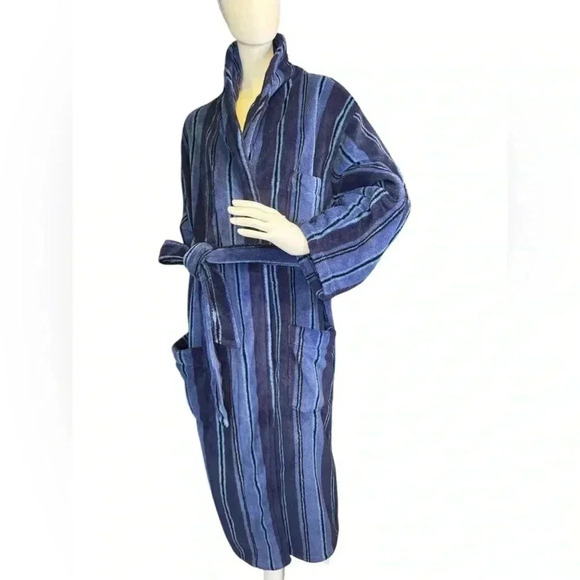 Vintage 80s 90s Stafford Robe One Size Striped Belted House Blue. - Picture 1 of 9